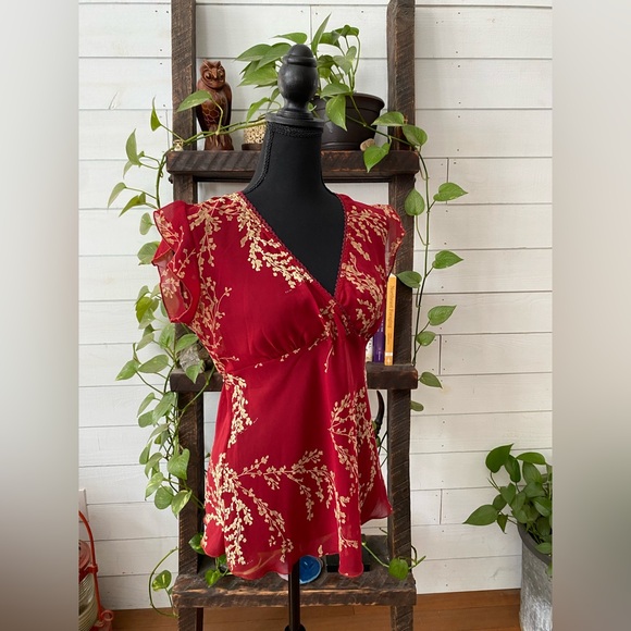 Helium: Red V Neck Top with Lace Trim - Picture 12 of 17